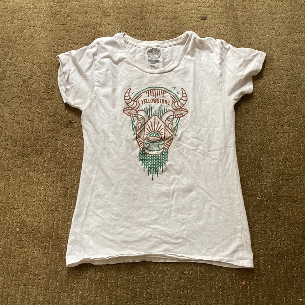 White Kids Large Yellowstone Shirt Knit Hiking Details Lines Dots Green Brown